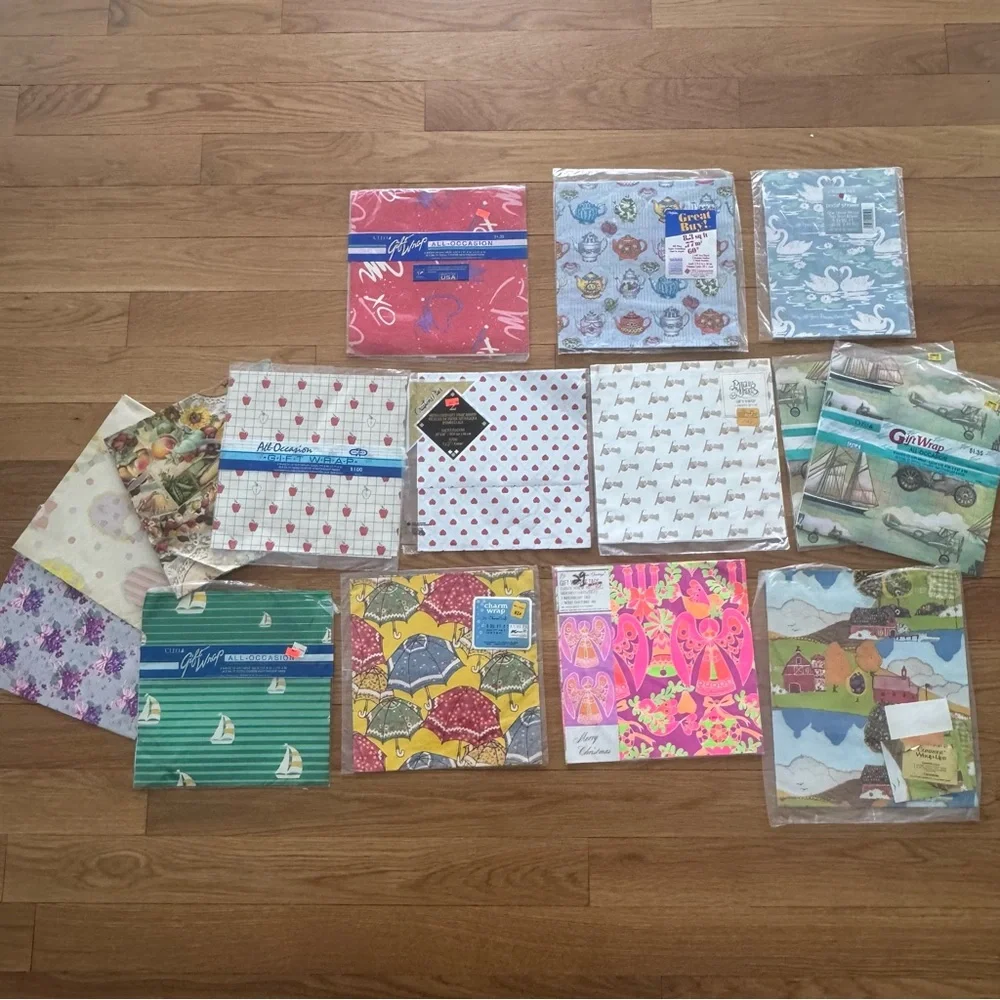 Vintage Gift Wrap Lot Assorted Designs Angels Swans Folk Art Sailboats Ephemera